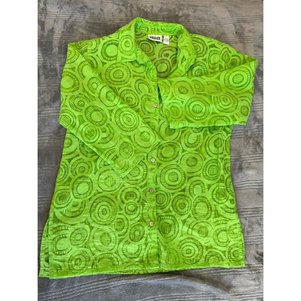Vintage 90's Chico's Design Green Sheer 3/4 Sleeve Button Down Blouse Medium - Picture 5 of 12
